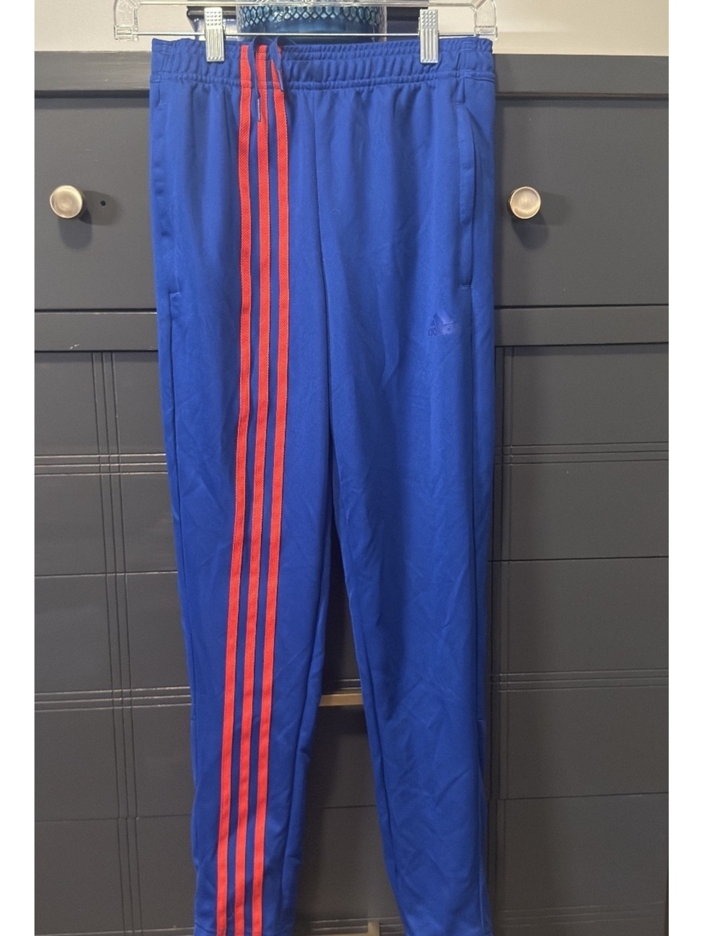 Adidas Boys' Blue Track Pants with Red Stripes - Size 11-12Y